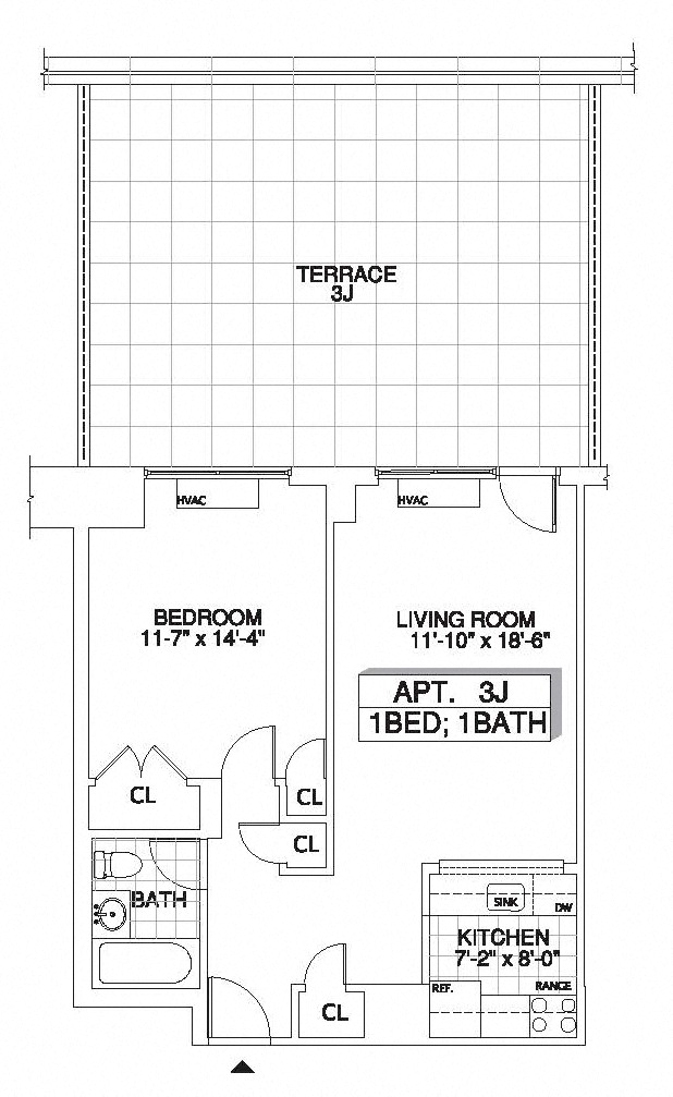 Floor plan for 1 bed, 1 bath, 711 sqft
